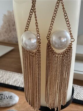 Gold Tone Faux Pearl Tassel Drop Fringe Earrings - Women Jewelry